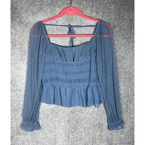 Lauren Conrad Crop Top Womens Size Large Blue Smocked‎ Sheer Puff Sleeves Ruffle
